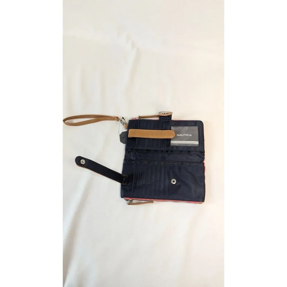 Nautica double zip wristlet nylon pleated orange red floral tan trim silver NWT